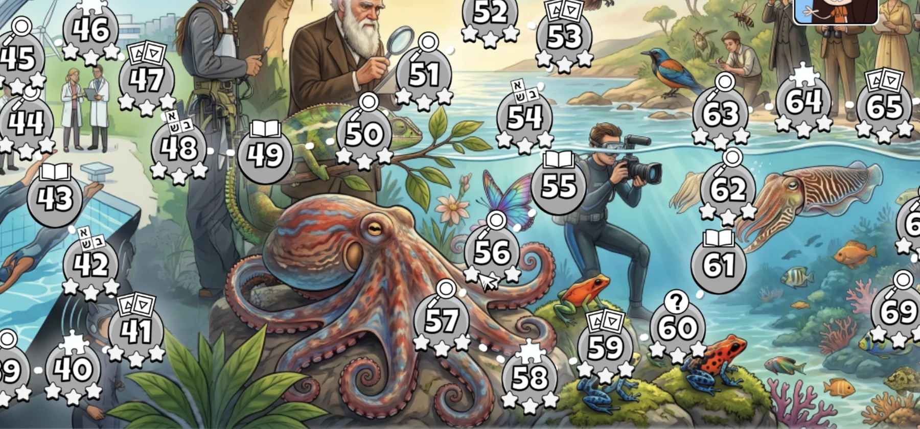 A Nick Challenge journey map: a numbered path of missions through a themed world
