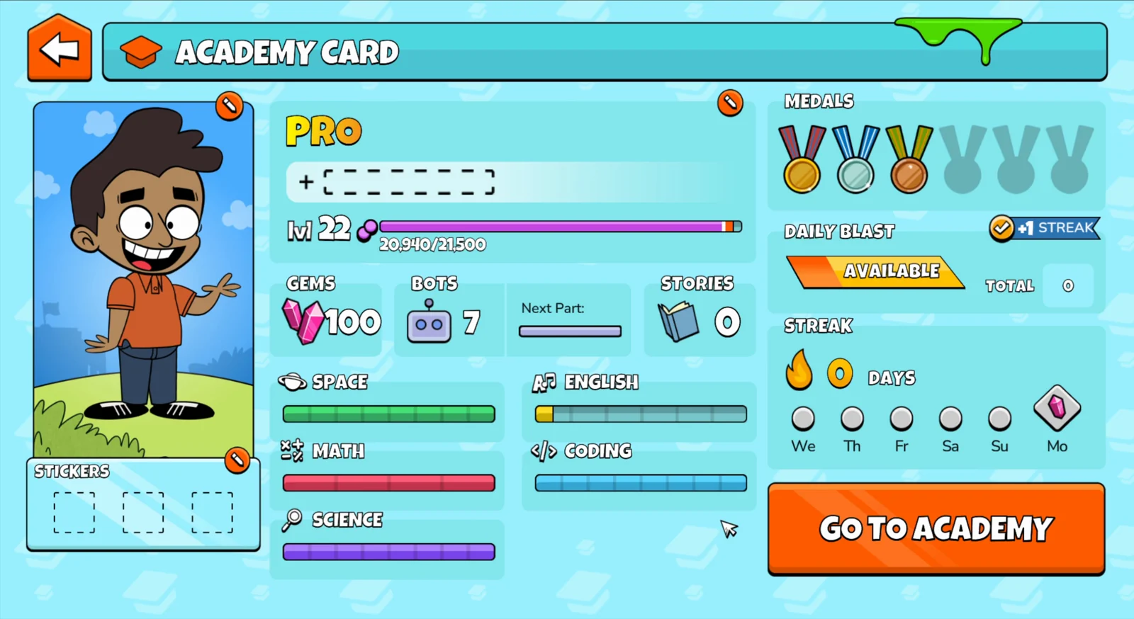 The Academy Card: the student's personal dashboard with gems, medals, streaks and progress by subject