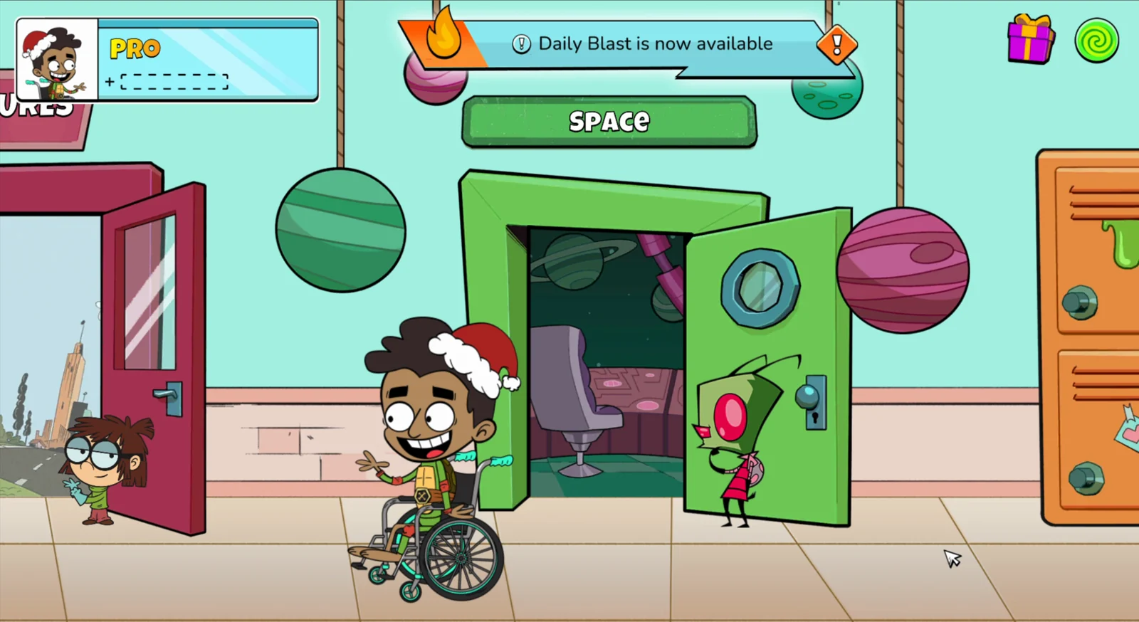 The Nick Academy hallway: the Space door opening onto a themed world