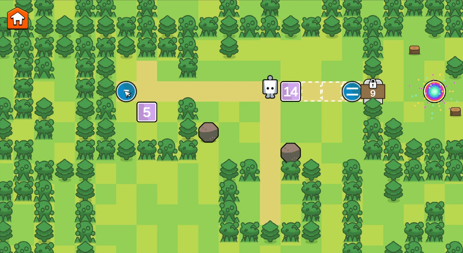 Gameplay: the math maze where the student pushes numbers into an equation