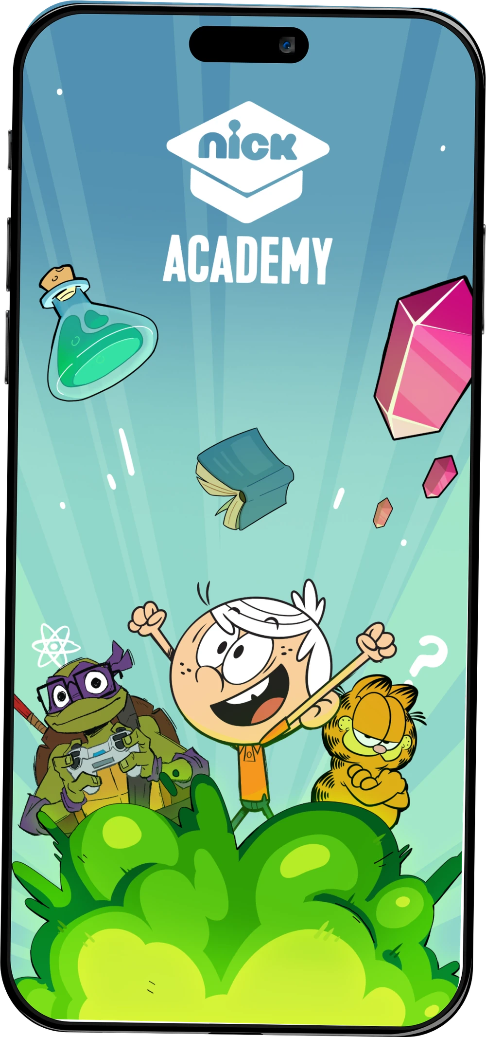 The NickAcademy splash screen on a phone: Lincoln Loud, Donatello and Garfield with the Nick Academy logo